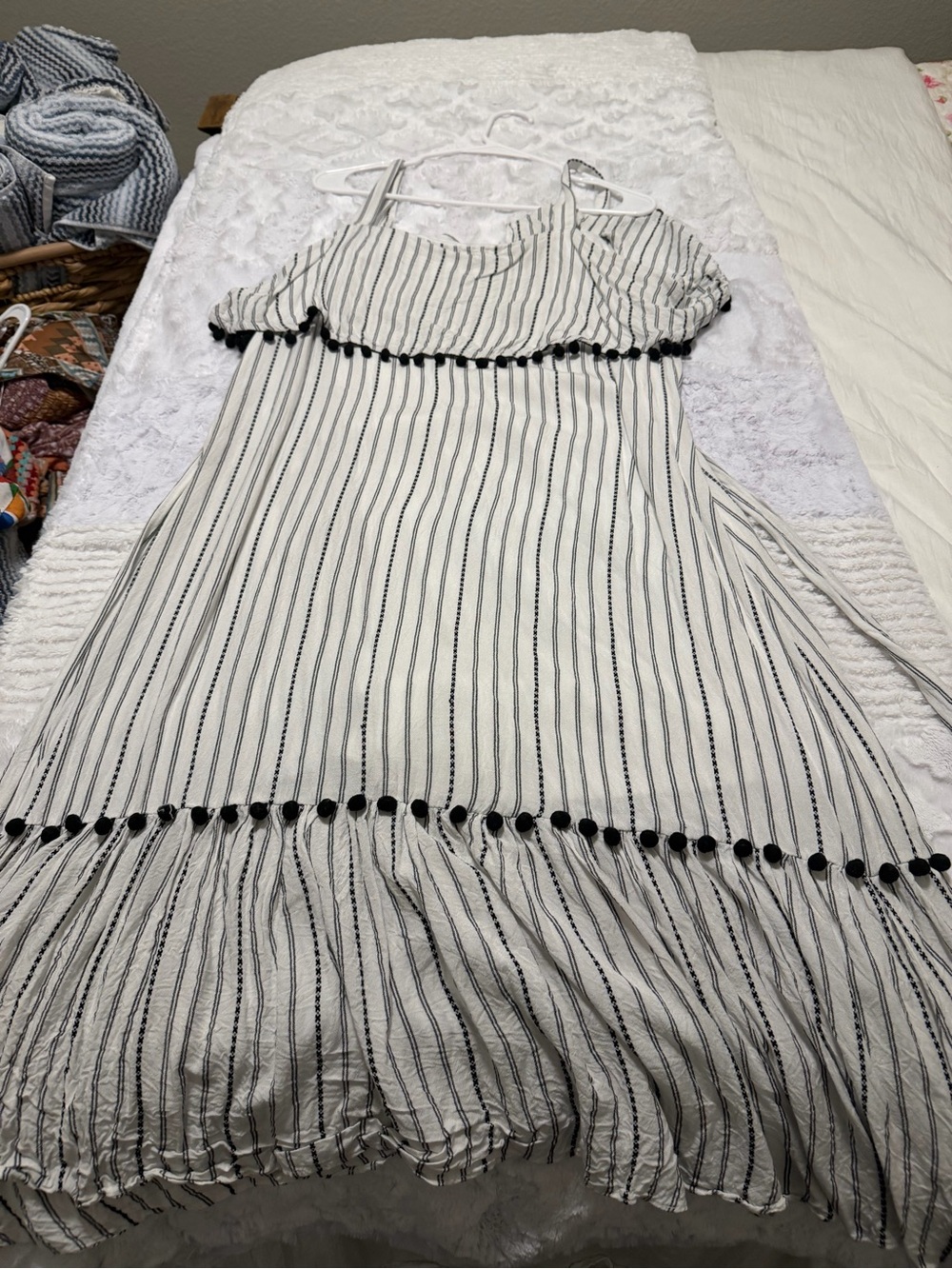 Striped White and Black Pom-Pom Sundress